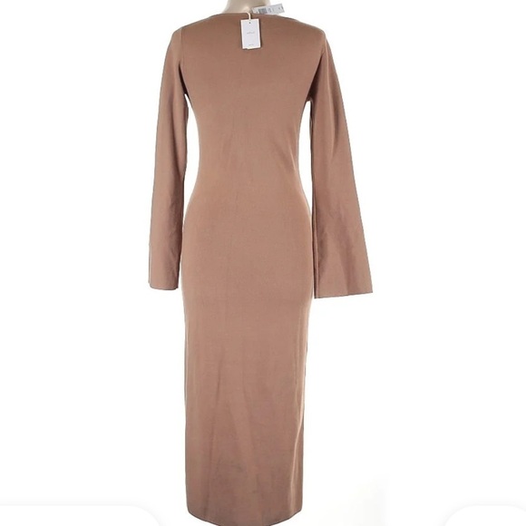 Wilfred Aritzia Tan Ribbed Knit Maxi Midi Bodycon Long Sleeve Dress Large - Picture 3 of 5
